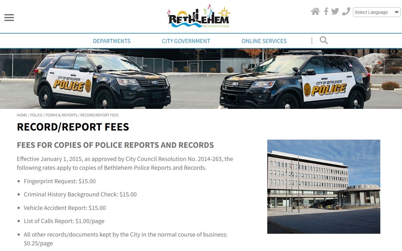 Bethlehem Police record fees for accessing Bethlehem felony records