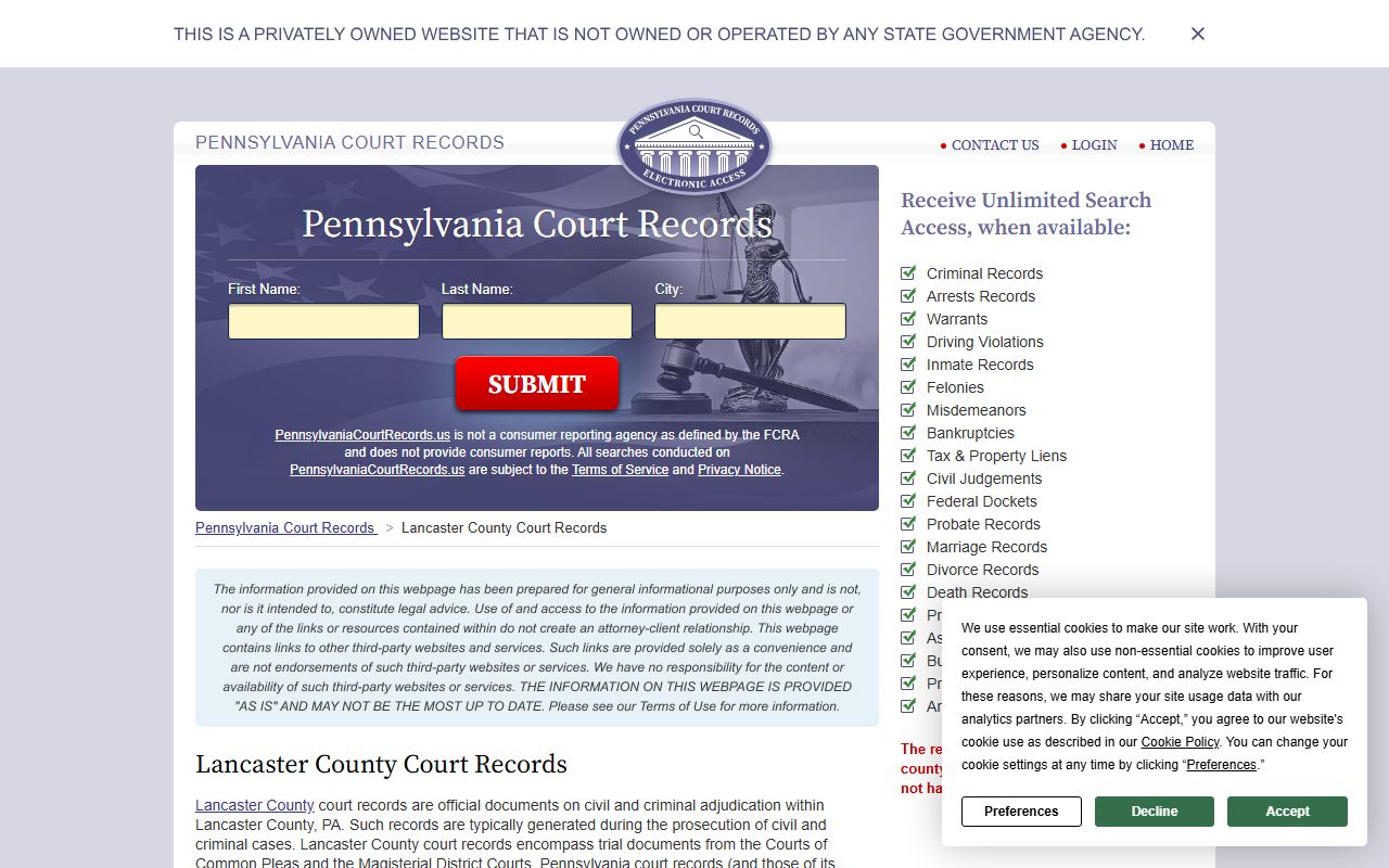 Lancaster County court records search for felony cases