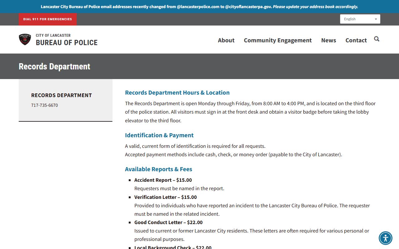 Lancaster Police records division for Lancaster felony records access