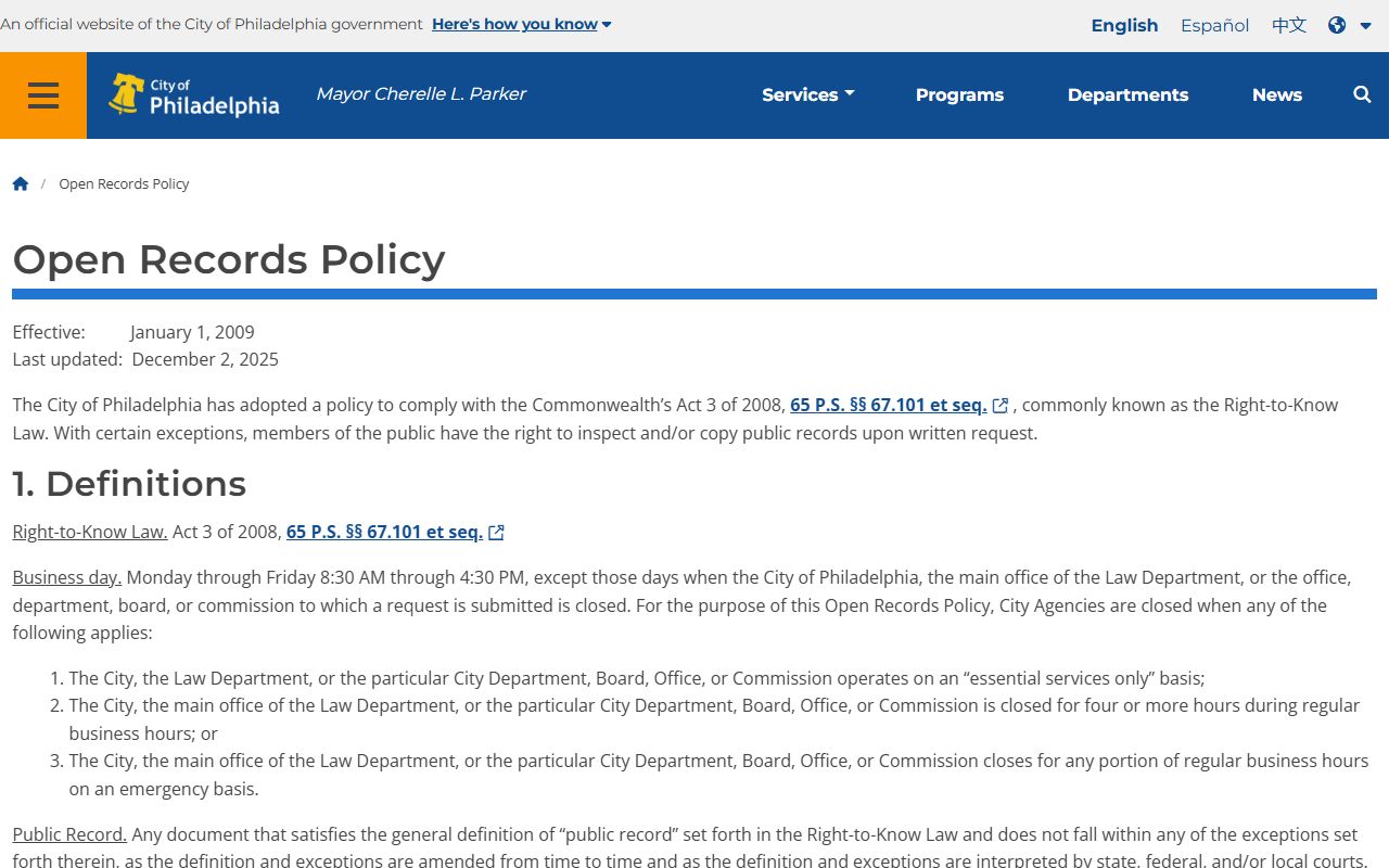 Philadelphia open records policy for public record access