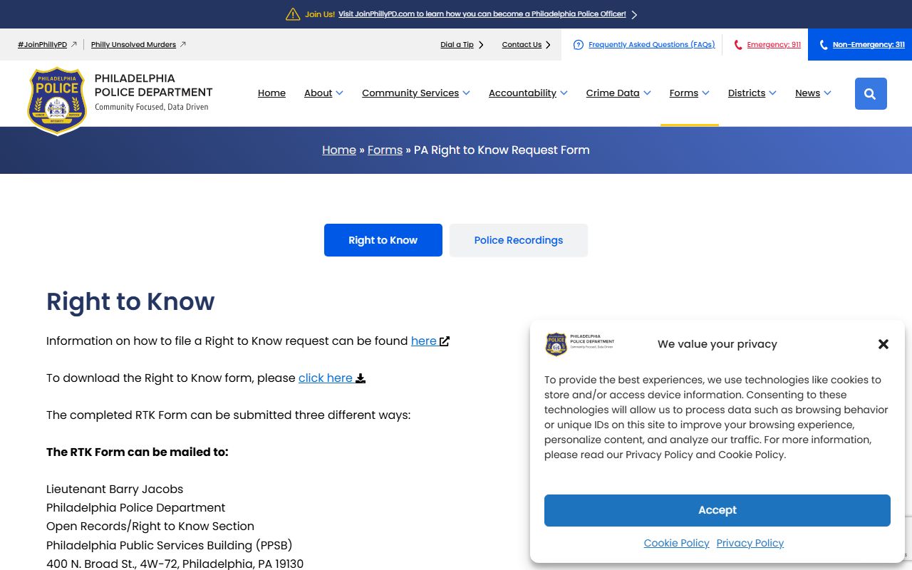 Philadelphia Police right-to-know form for accessing Philadelphia felony records