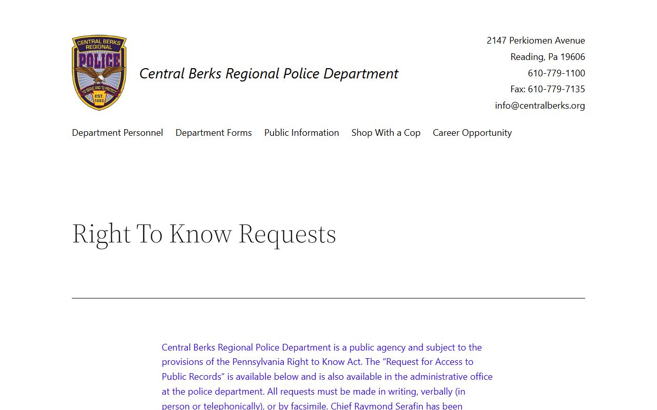 Central Berks Police right-to-know for Reading felony records