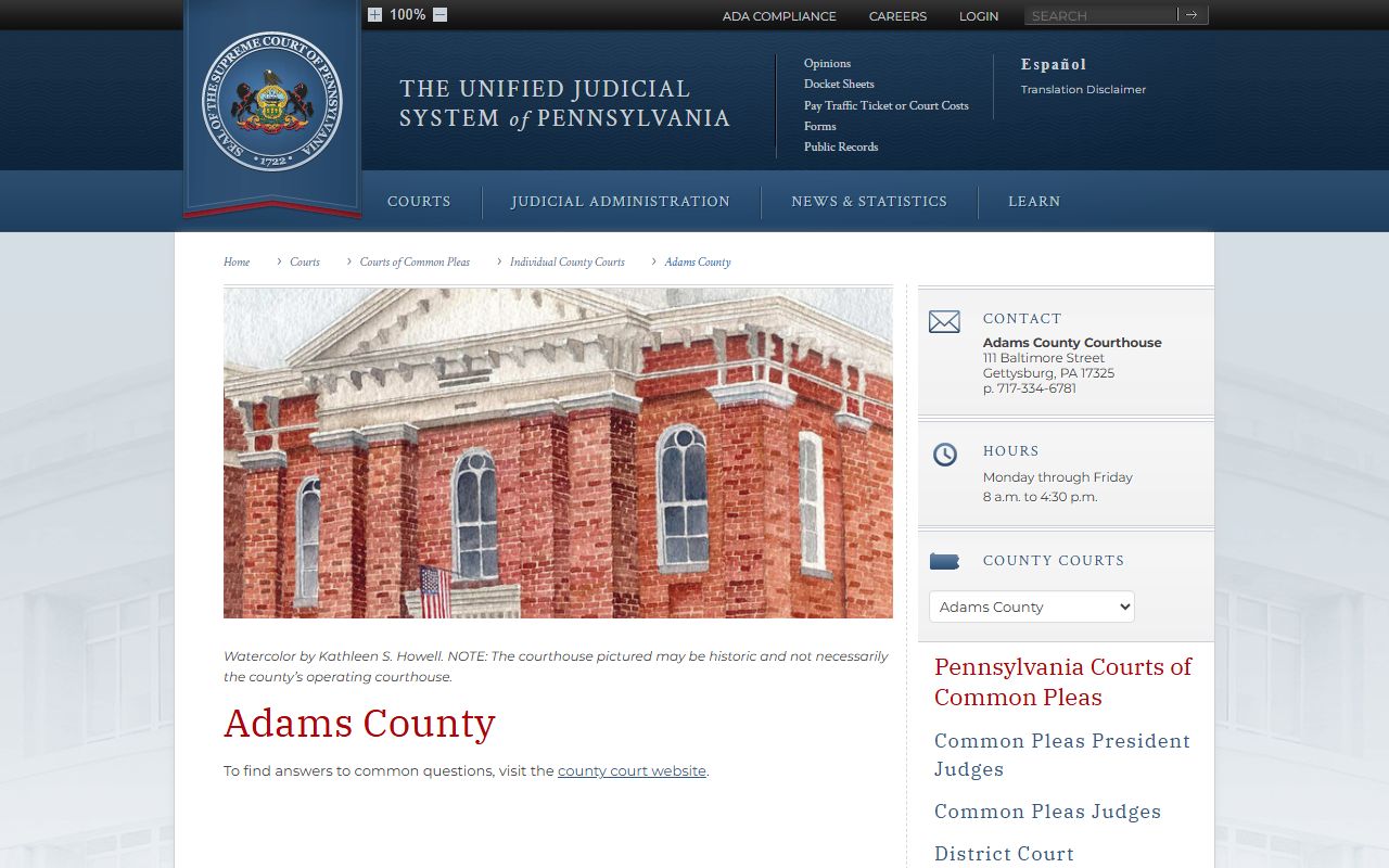 Adams County Court of Common Pleas felony records listing on PA Courts website
