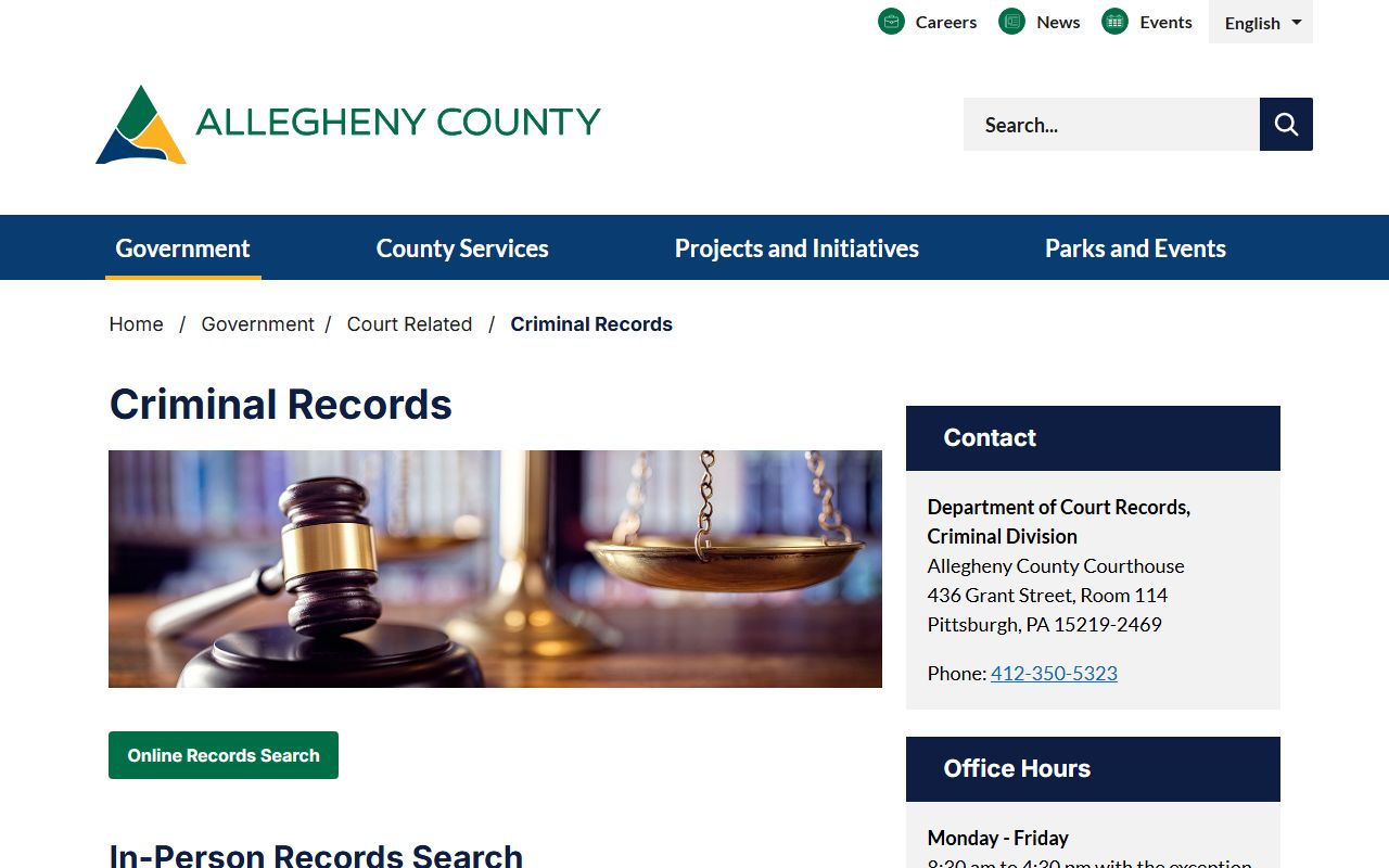 Allegheny County criminal records search page for Allegheny County felony records