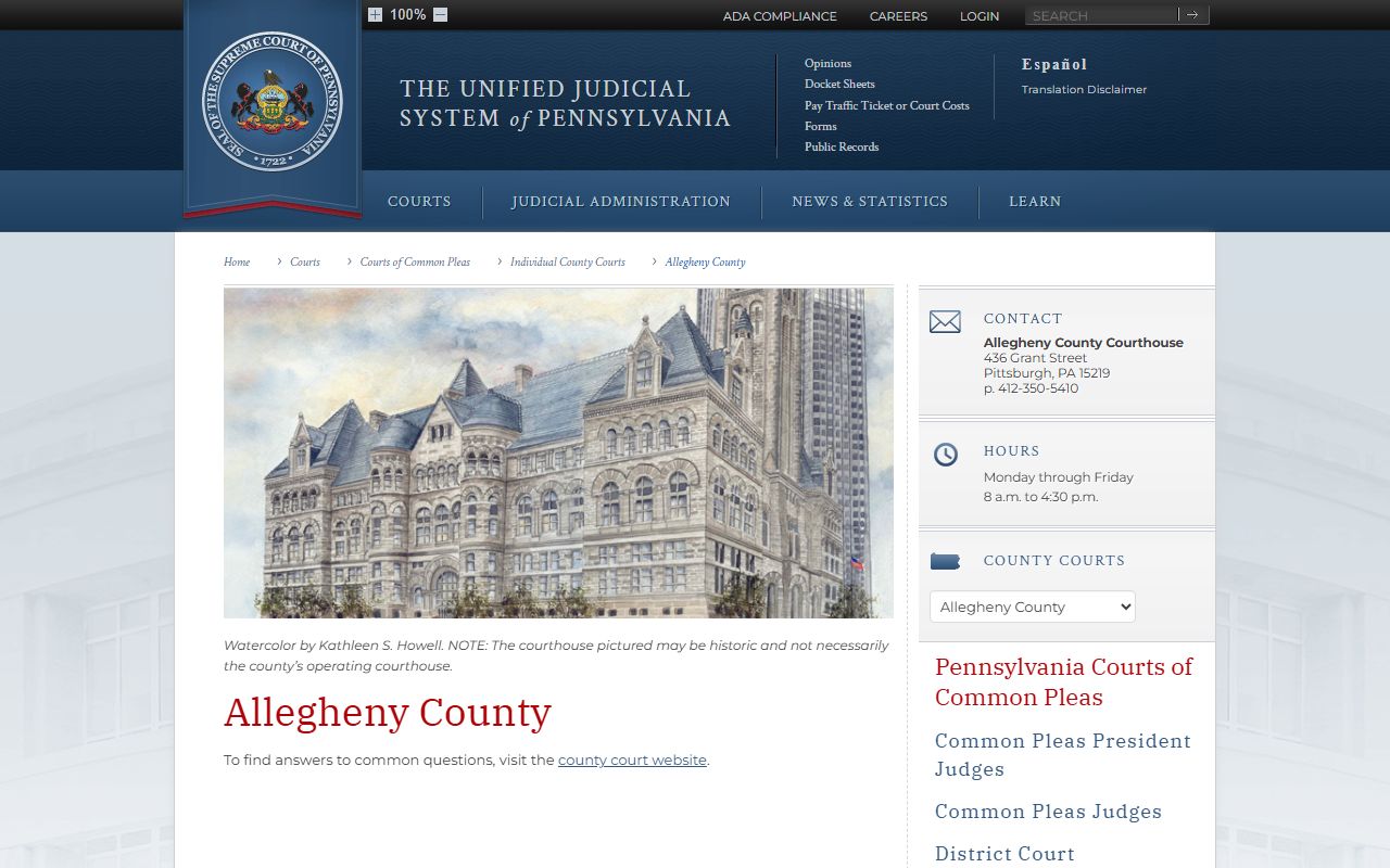 PA Courts website listing for Allegheny County Court of Common Pleas felony records
