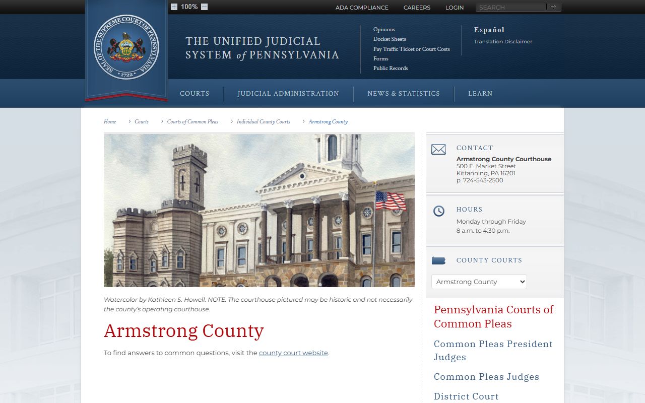 Pennsylvania Courts system page for Armstrong County felony case records