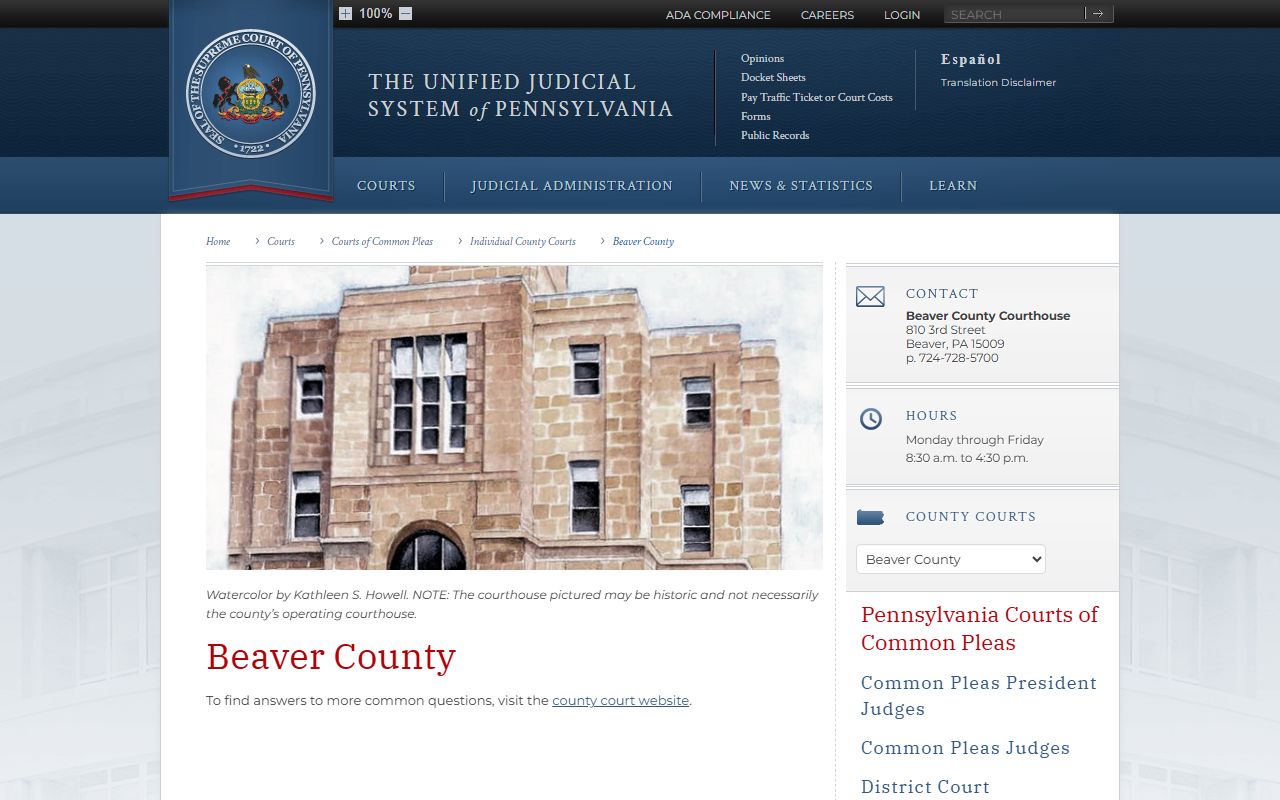 Pennsylvania Courts page for Beaver County felony records and criminal dockets