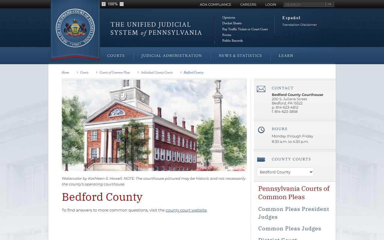 Pennsylvania Courts system page for Bedford County felony records and criminal case information