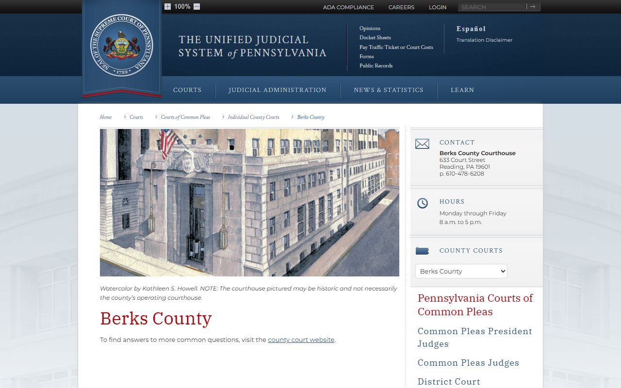 Berks County PA Courts profile page for felony records and criminal cases