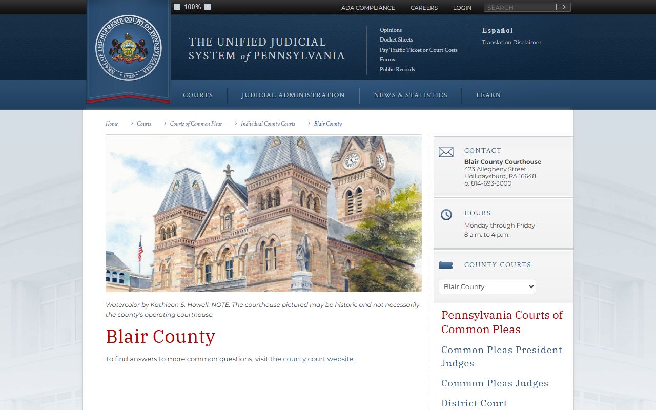 Blair County PA Courts profile showing felony records and court contact information