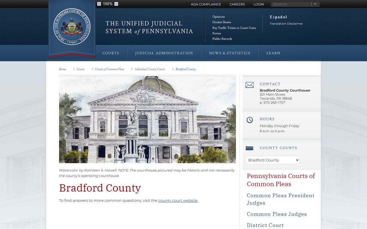 Bradford County PA Courts profile page showing felony records and court contacts