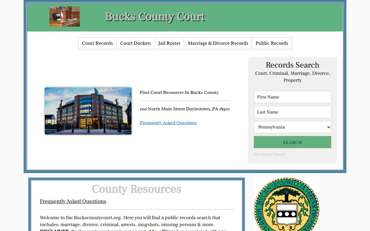 Bucks County Court website showing court operations and felony records access
