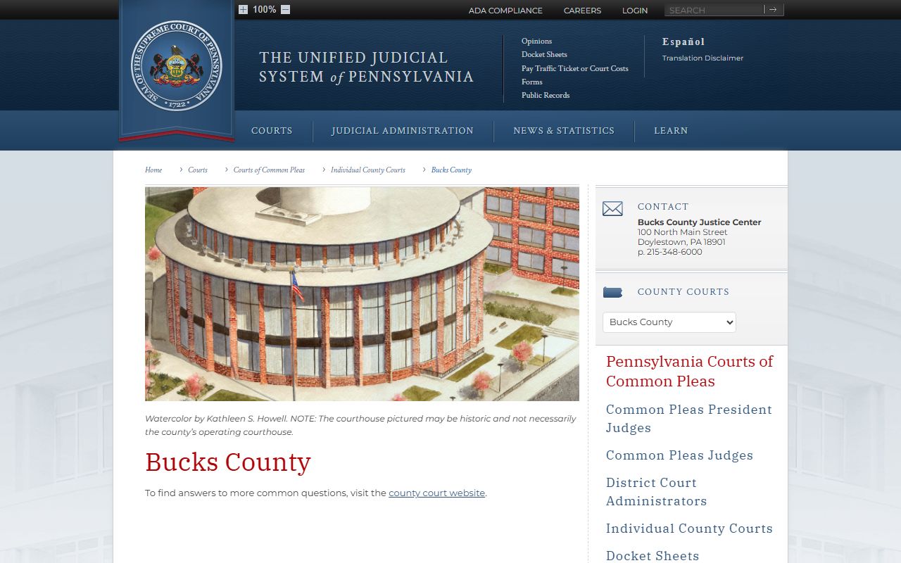 Pennsylvania Courts page showing Bucks County court information and felony records resources
