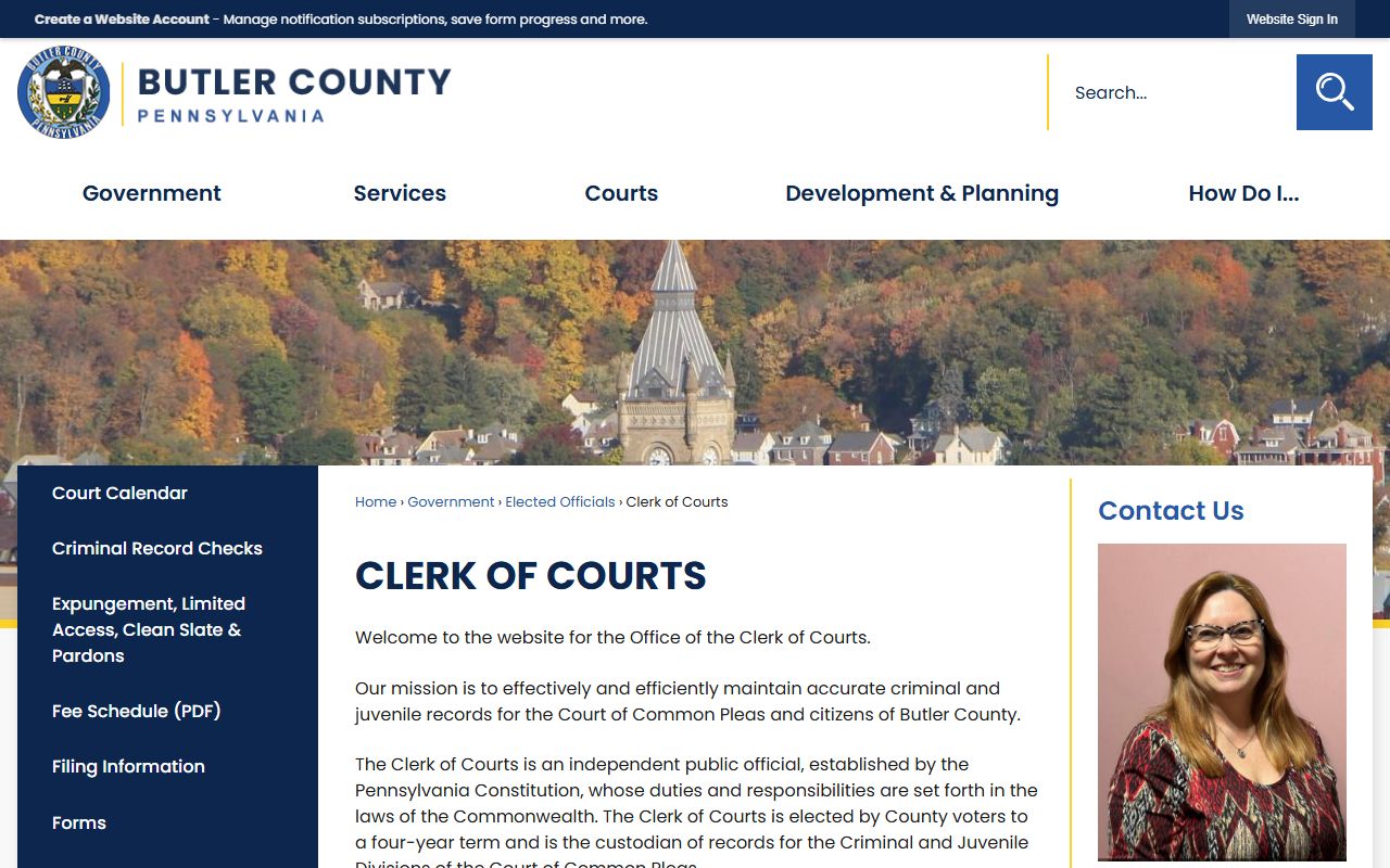 Butler County Clerk of Courts page showing office details for felony records access