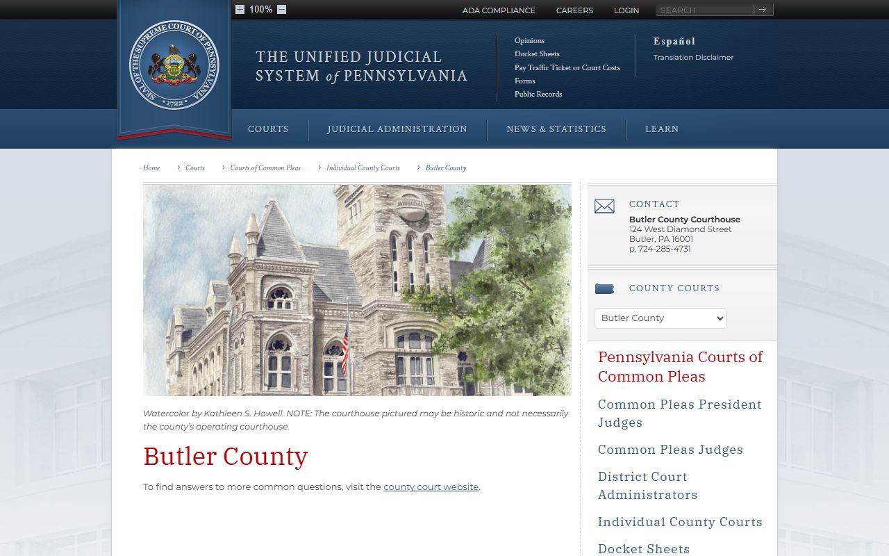 Pennsylvania Courts page for Butler County showing felony records and court resources