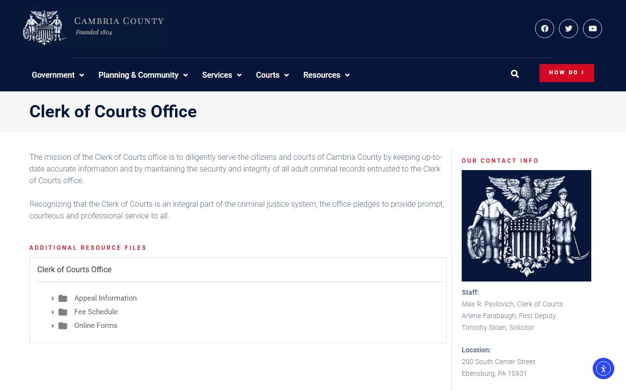 Cambria County Clerk of Courts office information for felony records access