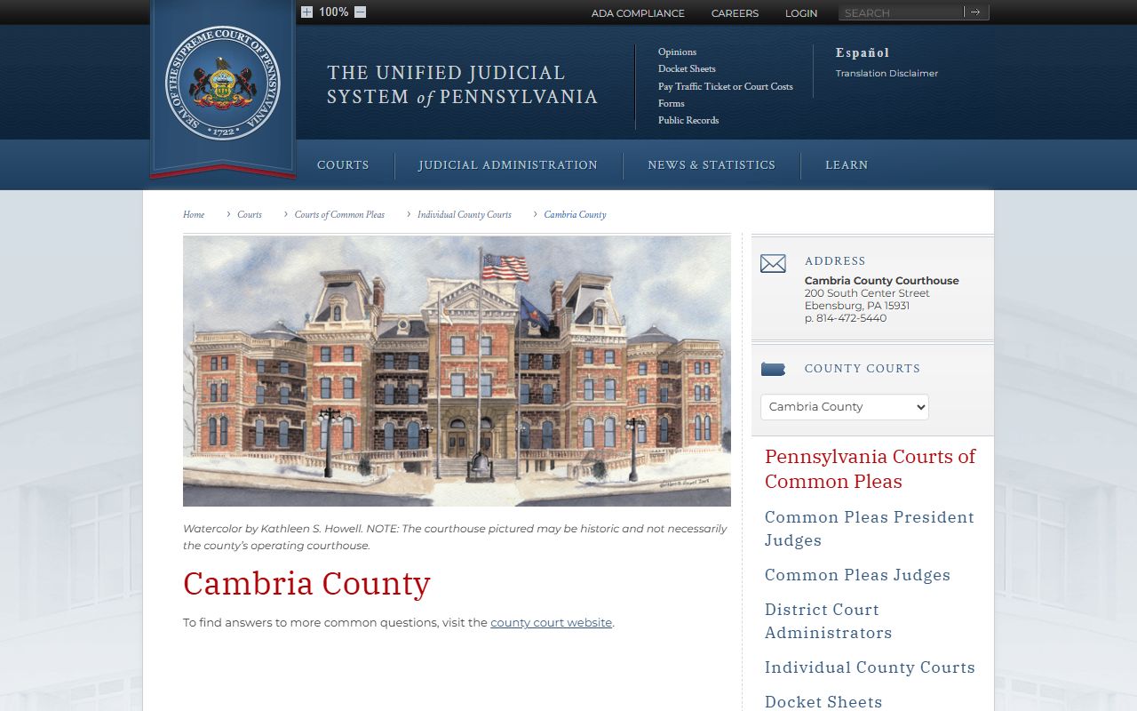 Pennsylvania Courts Cambria County page showing court contact and docket information