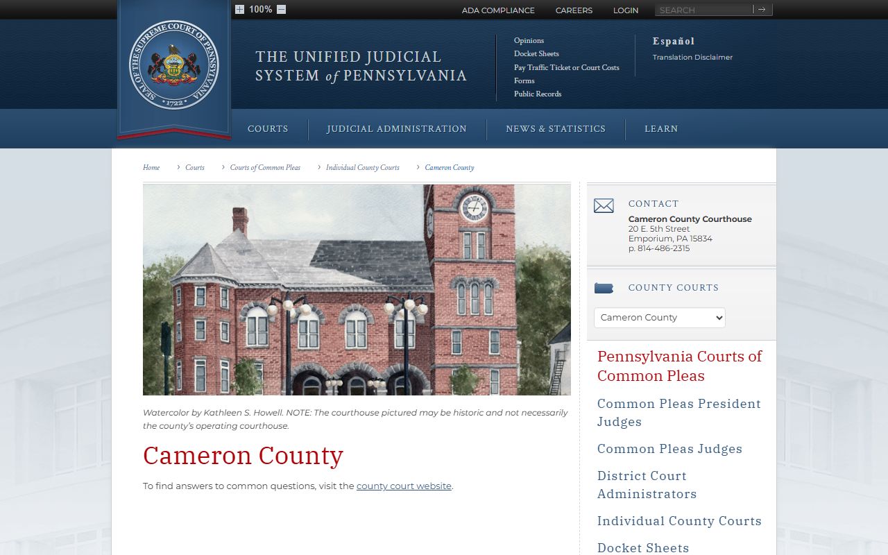 Pennsylvania Courts page for Cameron County showing 59th Judicial District information