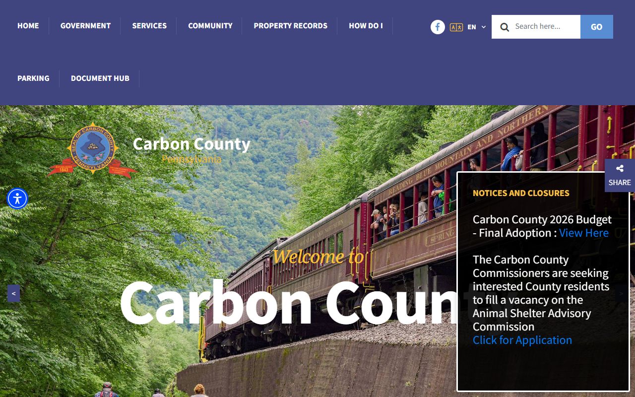 Carbon County Pennsylvania official website showing court and government office information