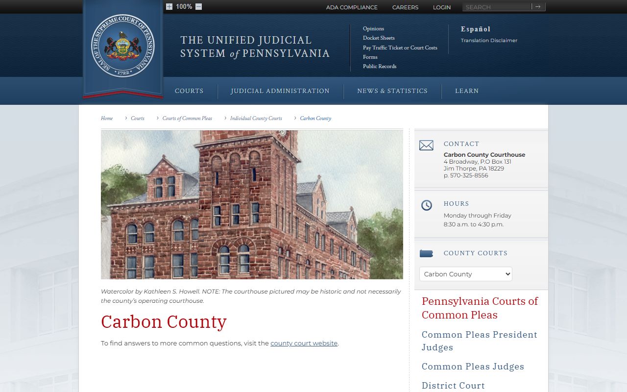 Pennsylvania Courts Carbon County page showing 56th Judicial District court information
