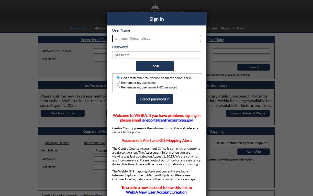 Centre County online information system for searching felony and criminal case records