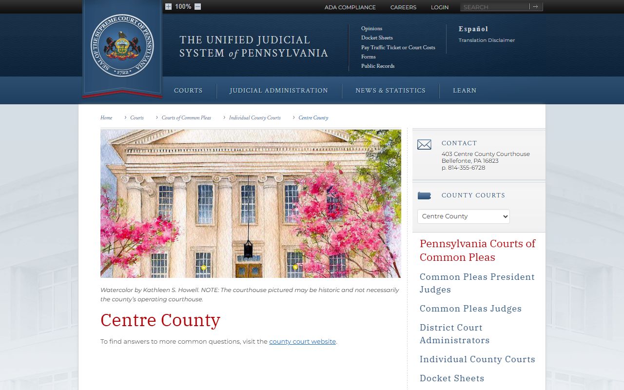 Pennsylvania Courts page for Centre County Court of Common Pleas and felony records information