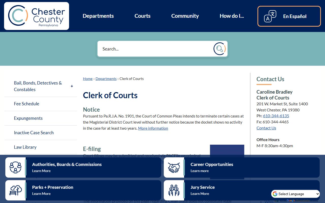 Chester County Clerk of Courts office information for accessing felony records in West Chester PA