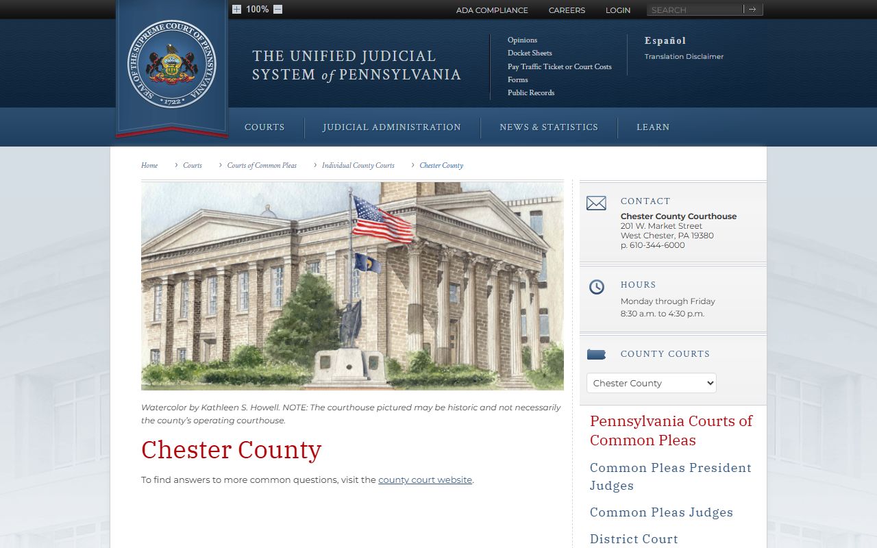 Pennsylvania Courts page for Chester County Court of Common Pleas and felony records database