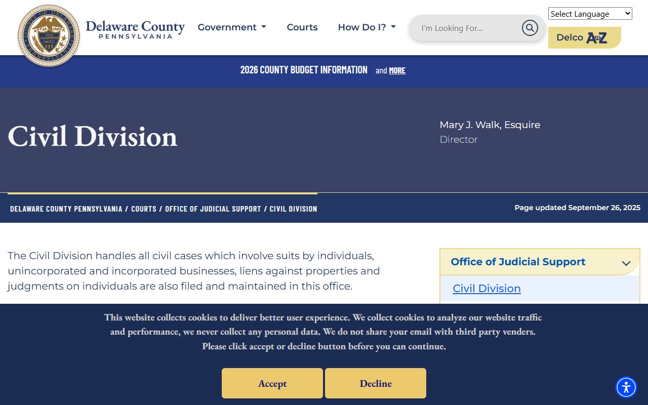 Delaware County OJS Civil Division page showing record request and copy fee information