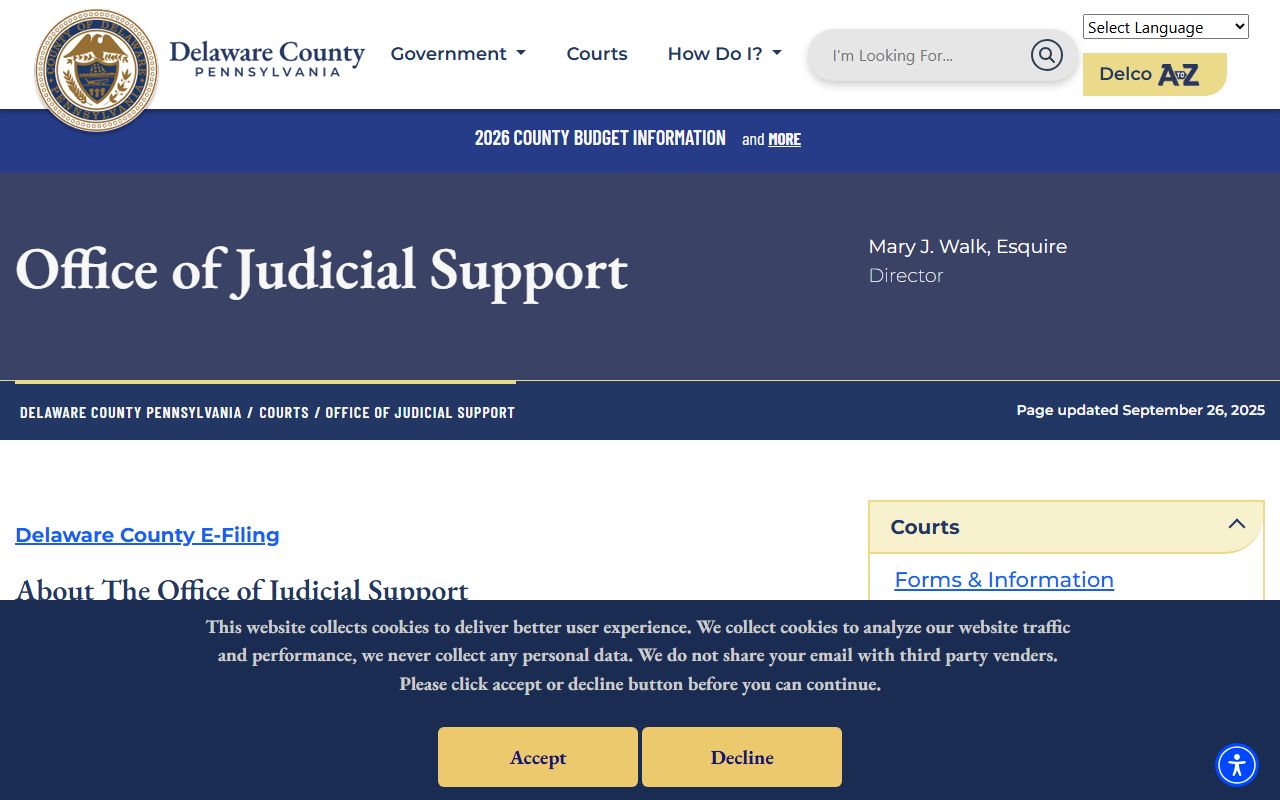 Delaware County Office of Judicial Support homepage showing office divisions and criminal records access