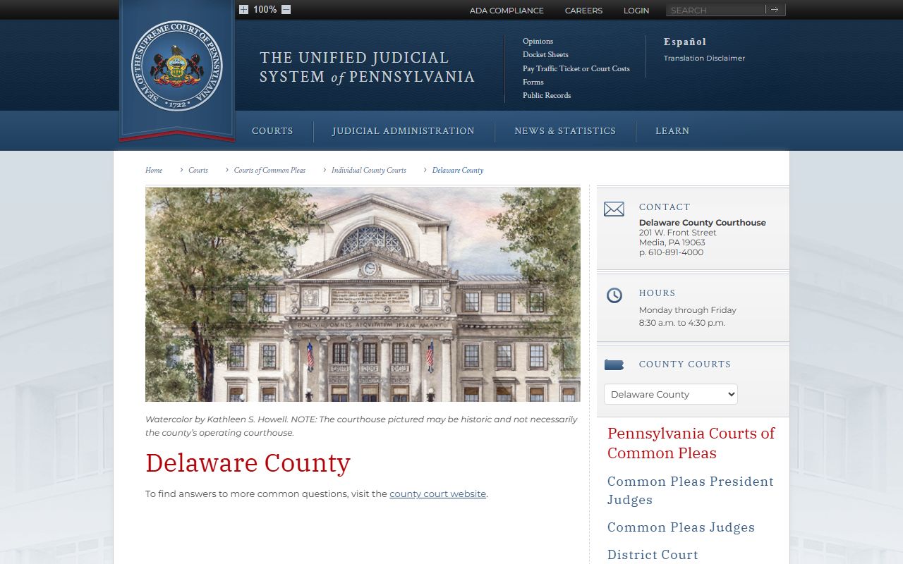 Pennsylvania Courts page for Delaware County showing 32nd Judicial District information and court resources