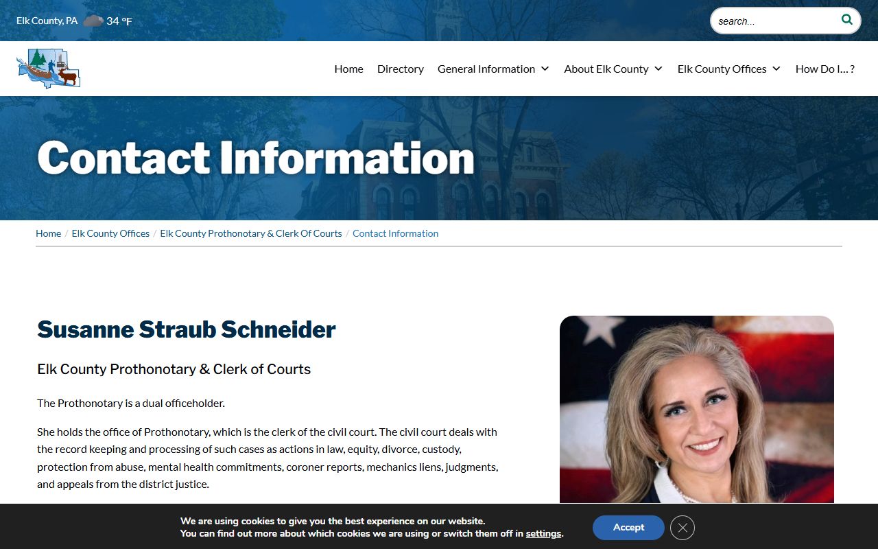 Elk County Prothonotary and Clerk of Courts contact information page showing phone numbers for criminal and civil divisions