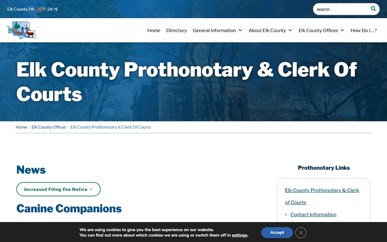 Elk County Prothonotary and Clerk of Courts website showing office structure and contact details for criminal records