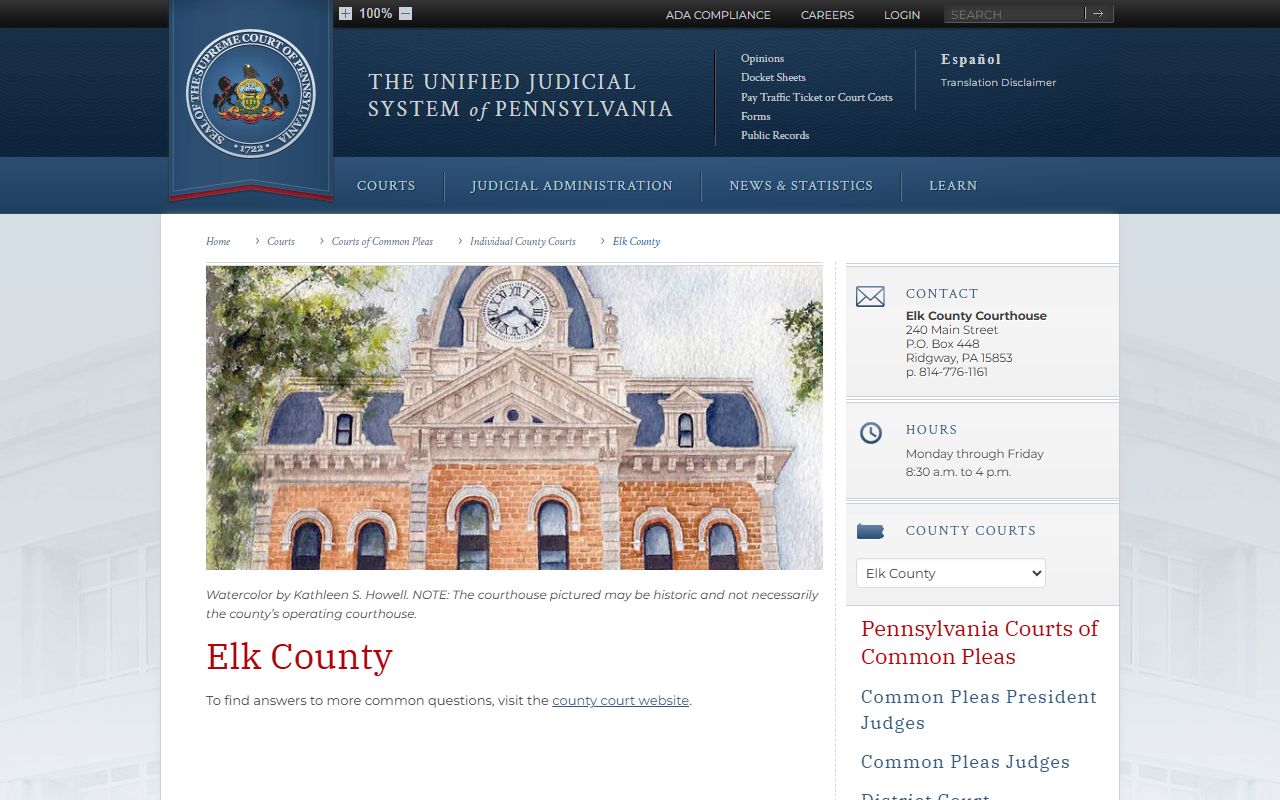 Pennsylvania Courts website page for Elk County showing 59th Judicial District information and court resources
