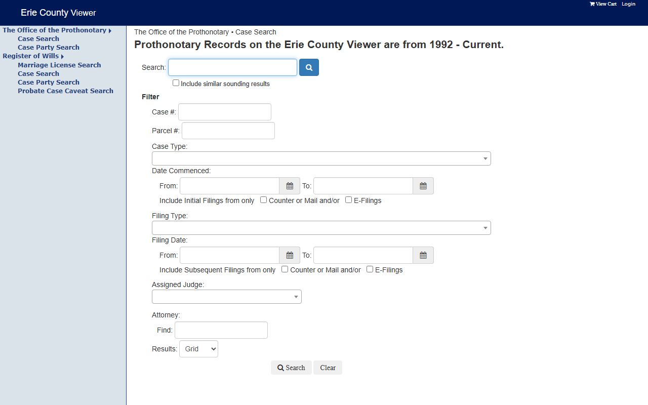 Erie County case search portal showing search interface for civil and criminal records
