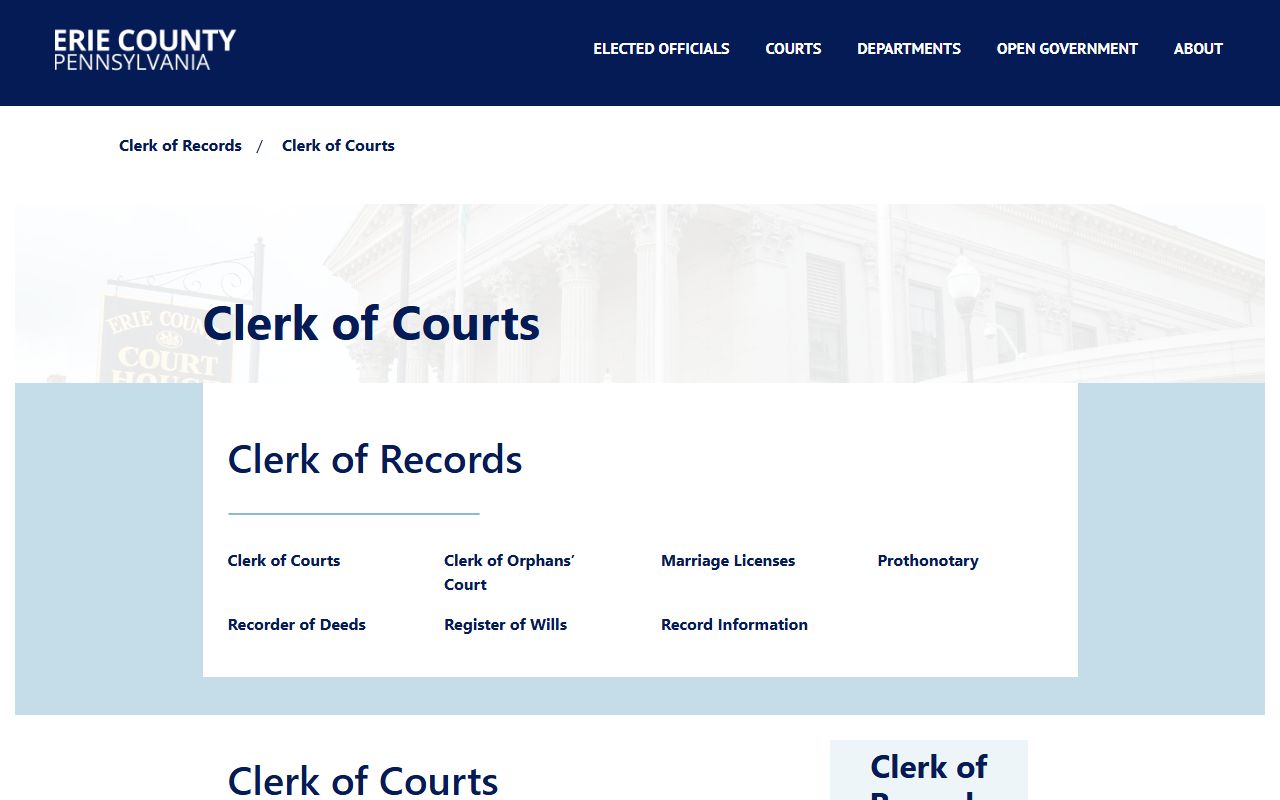 Erie County Clerk of Records office page showing combined office divisions and contact information