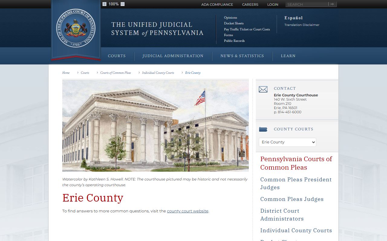 PA Courts page for Erie County showing 6th Judicial District court information and links