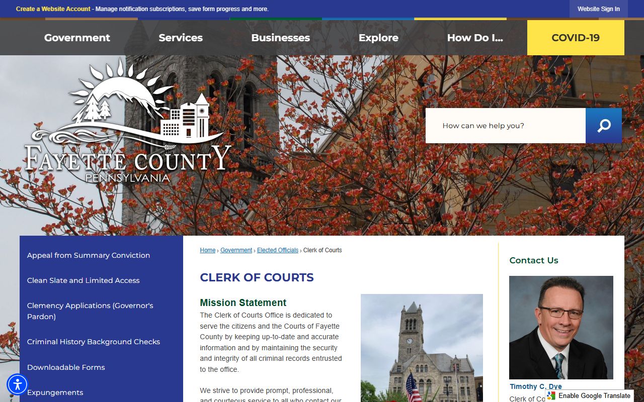 Fayette County Clerk of Courts page showing office details, hours, and services