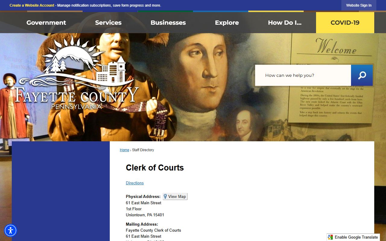 Fayette County Clerk of Courts staff directory showing office personnel and contact roles