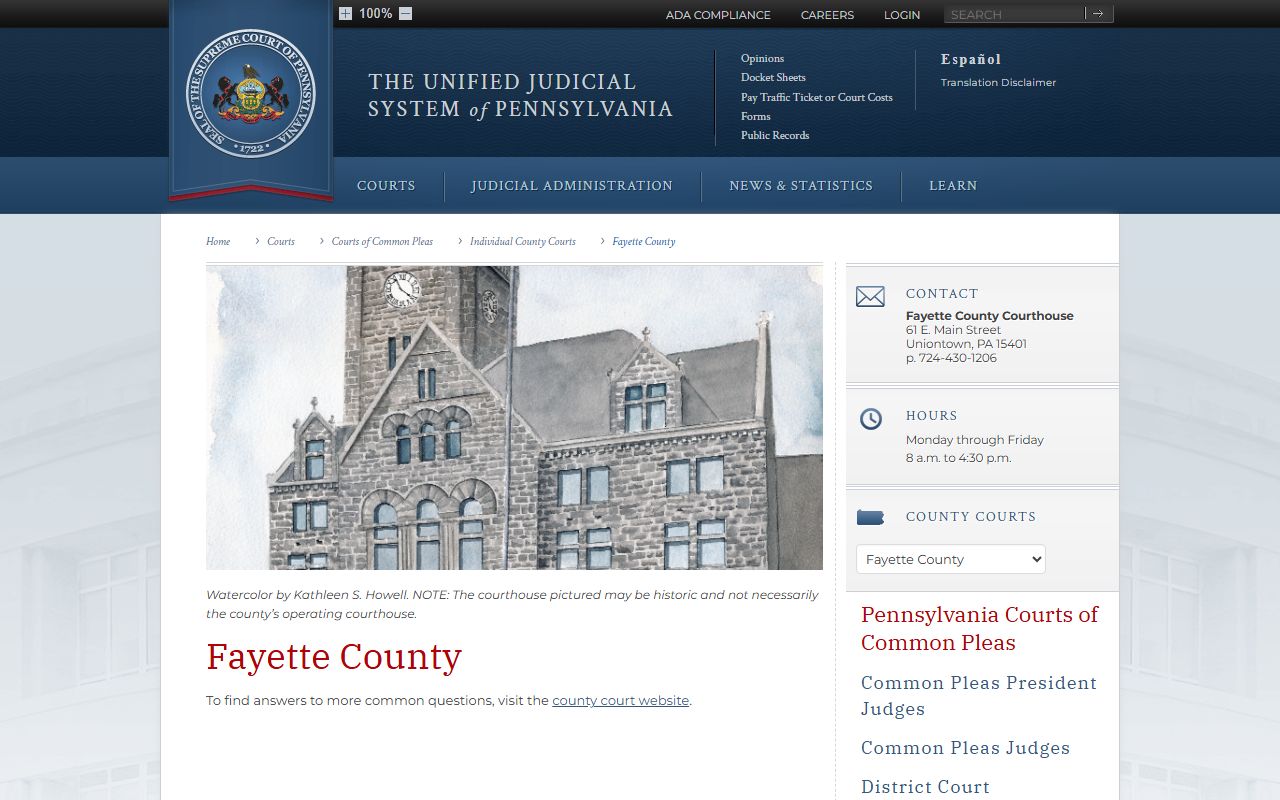 PA Courts page for Fayette County showing 14th Judicial District structure and court contacts