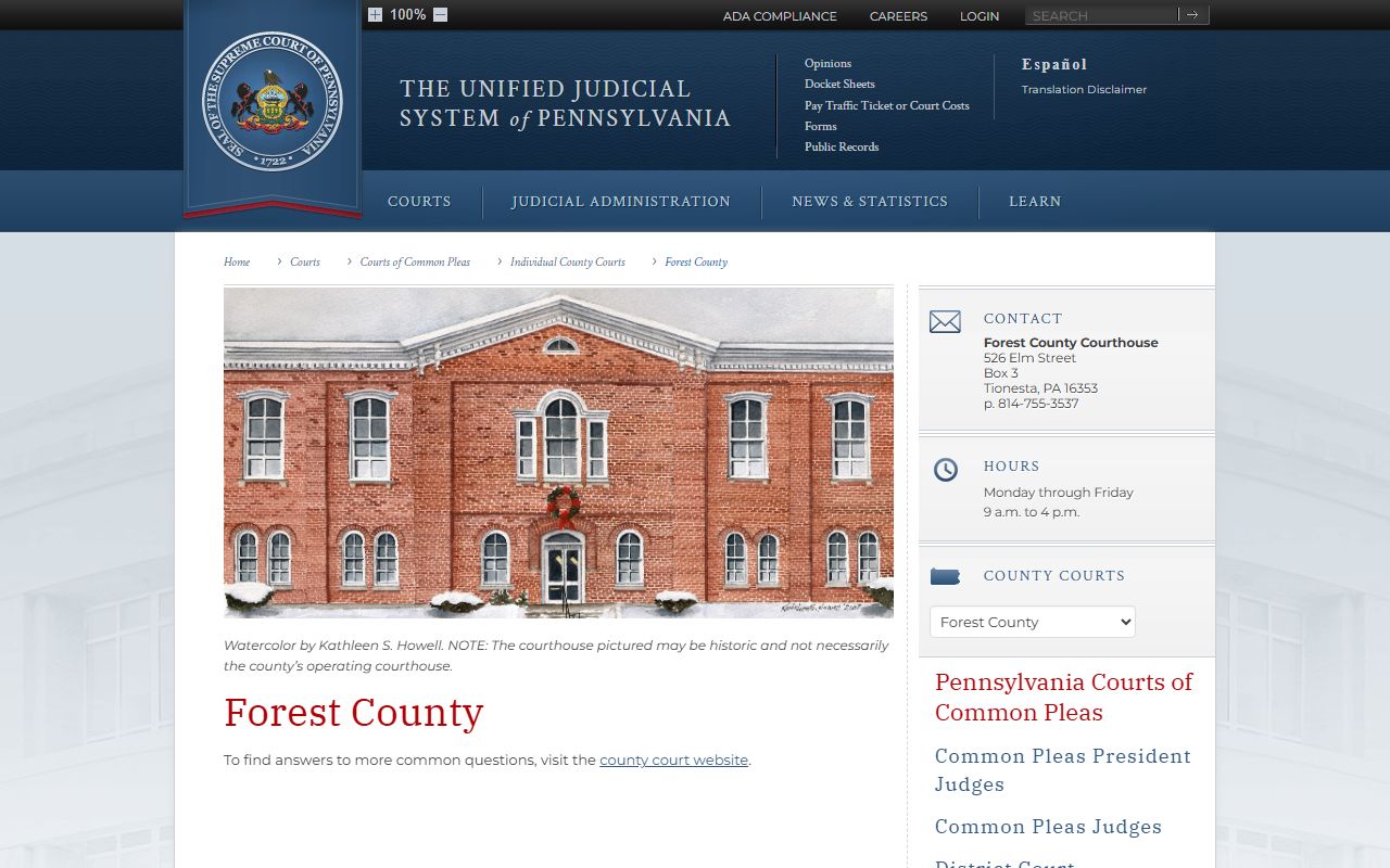 PA Courts page for Forest County showing court information for criminal record access
