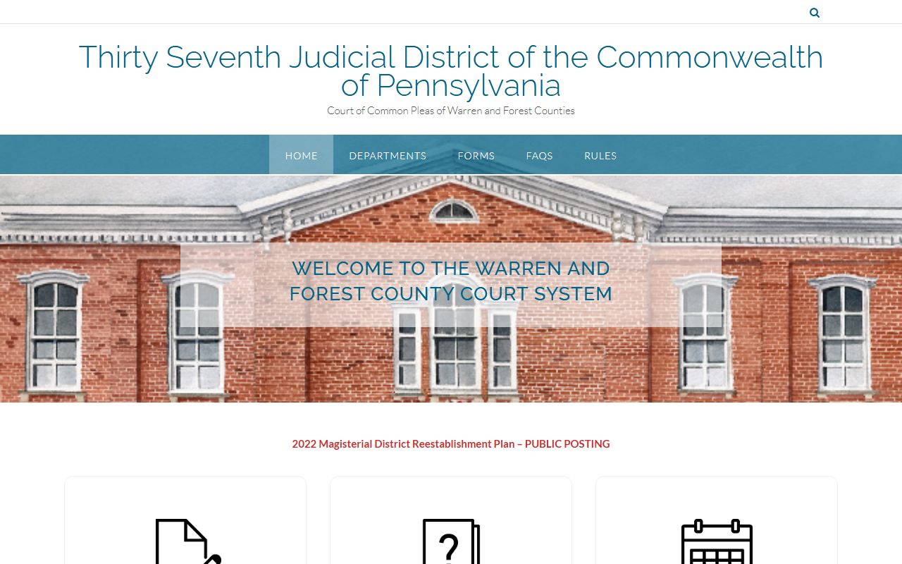 Warren Forest Court website showing 37th Judicial District court information for felony records