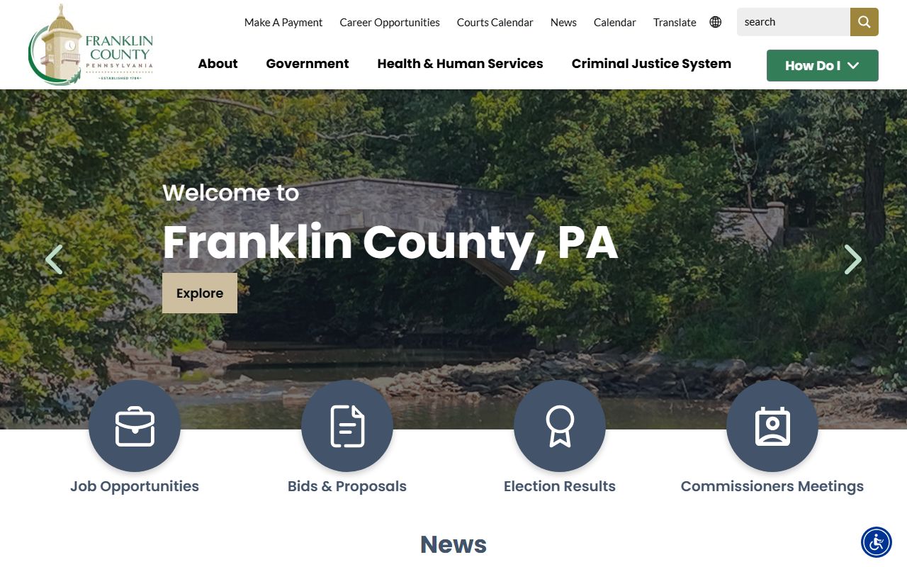 Franklin County Pennsylvania government website showing resources for felony records access