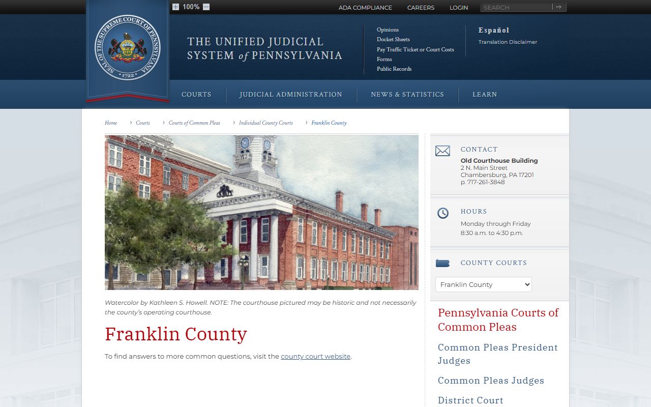 PA Courts page for Franklin County showing 39th Judicial District information for felony records