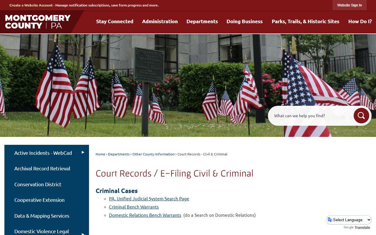 Montgomery County court records page showing criminal and civil record access