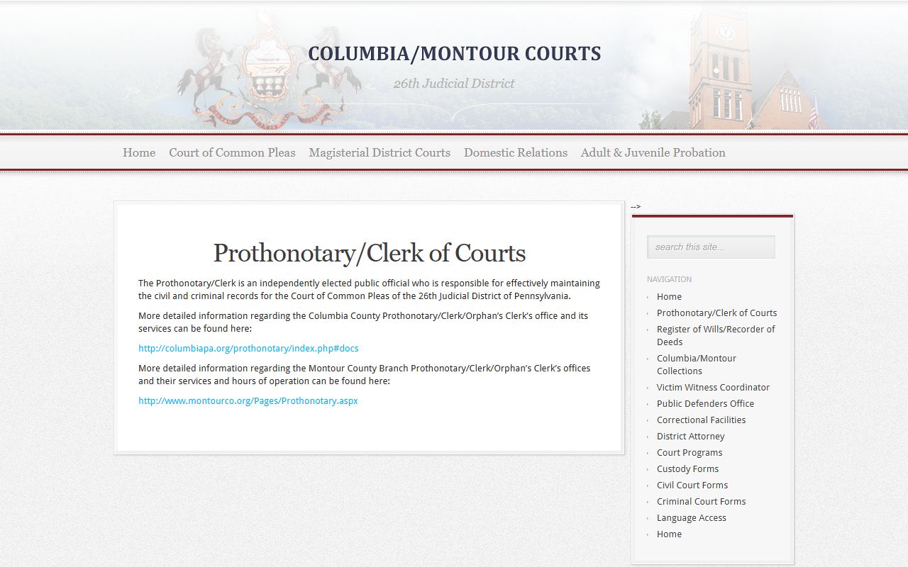Columbia Montour Courts prothonotary page for Montour felony records