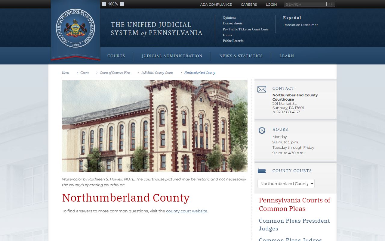 PA Courts Northumberland County page for felony records