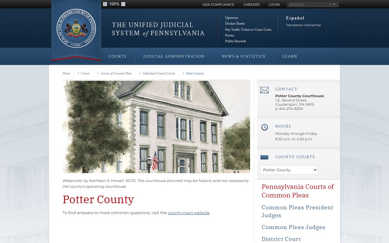 PA Courts Potter County page for felony case records