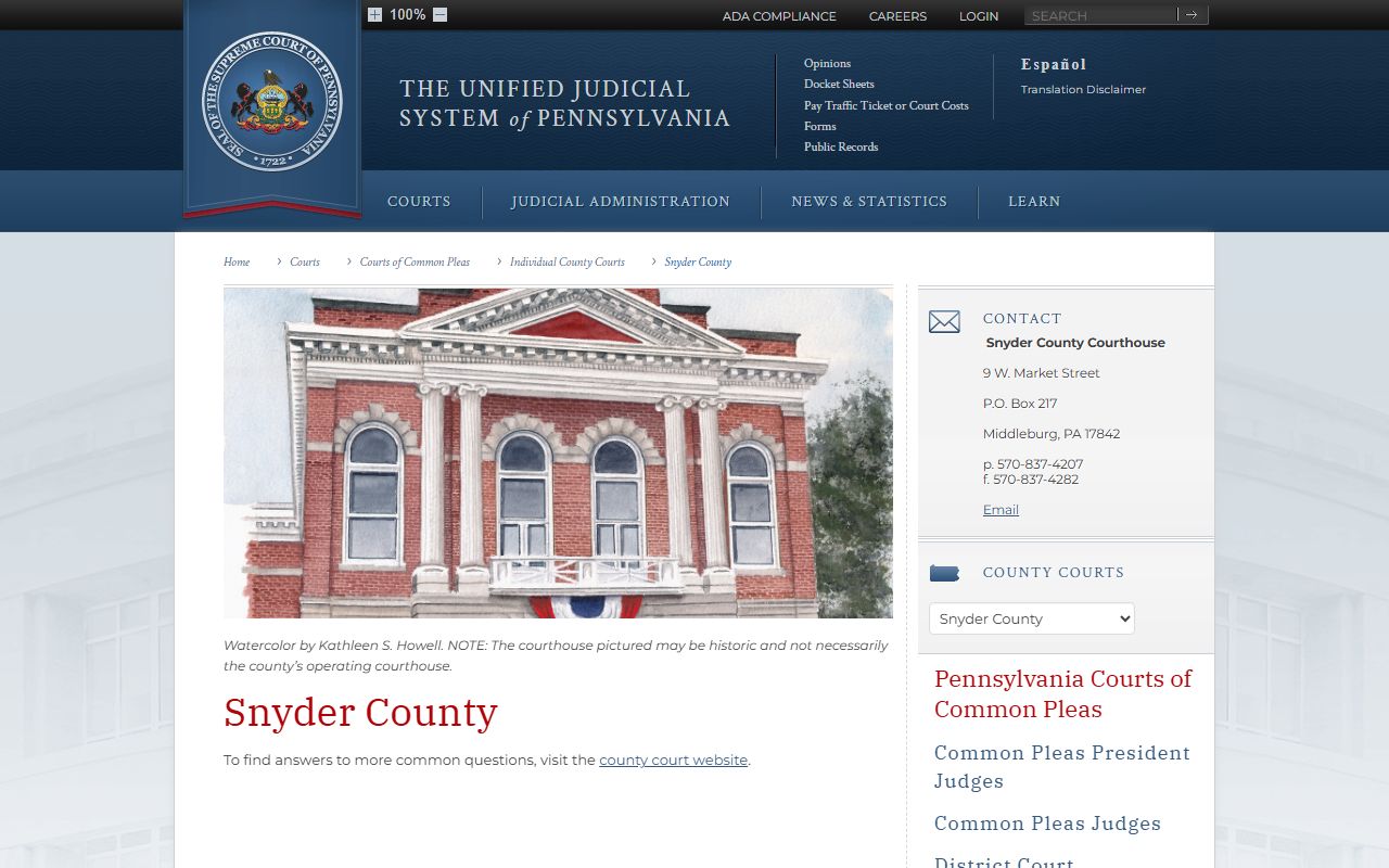 PA Courts Snyder County page for felony records
