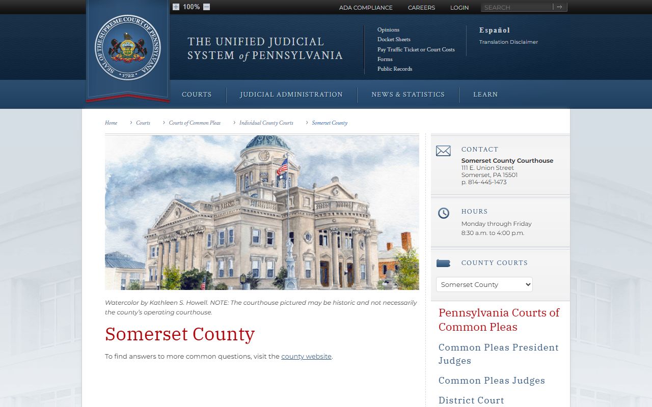 PA Courts Somerset County page for felony case records